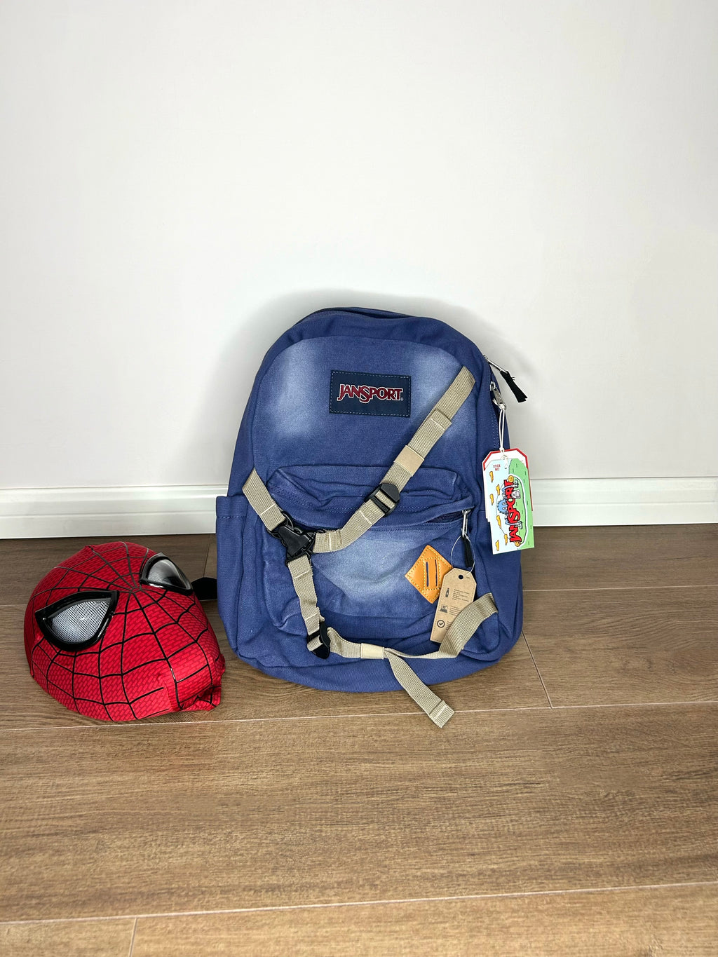 “Amazing Spider” Vintage Backpack-Washed and distressed denim
